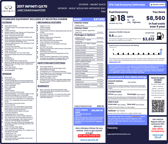Infiniti Window Sticker Lookup by VIN | Check Original Specs