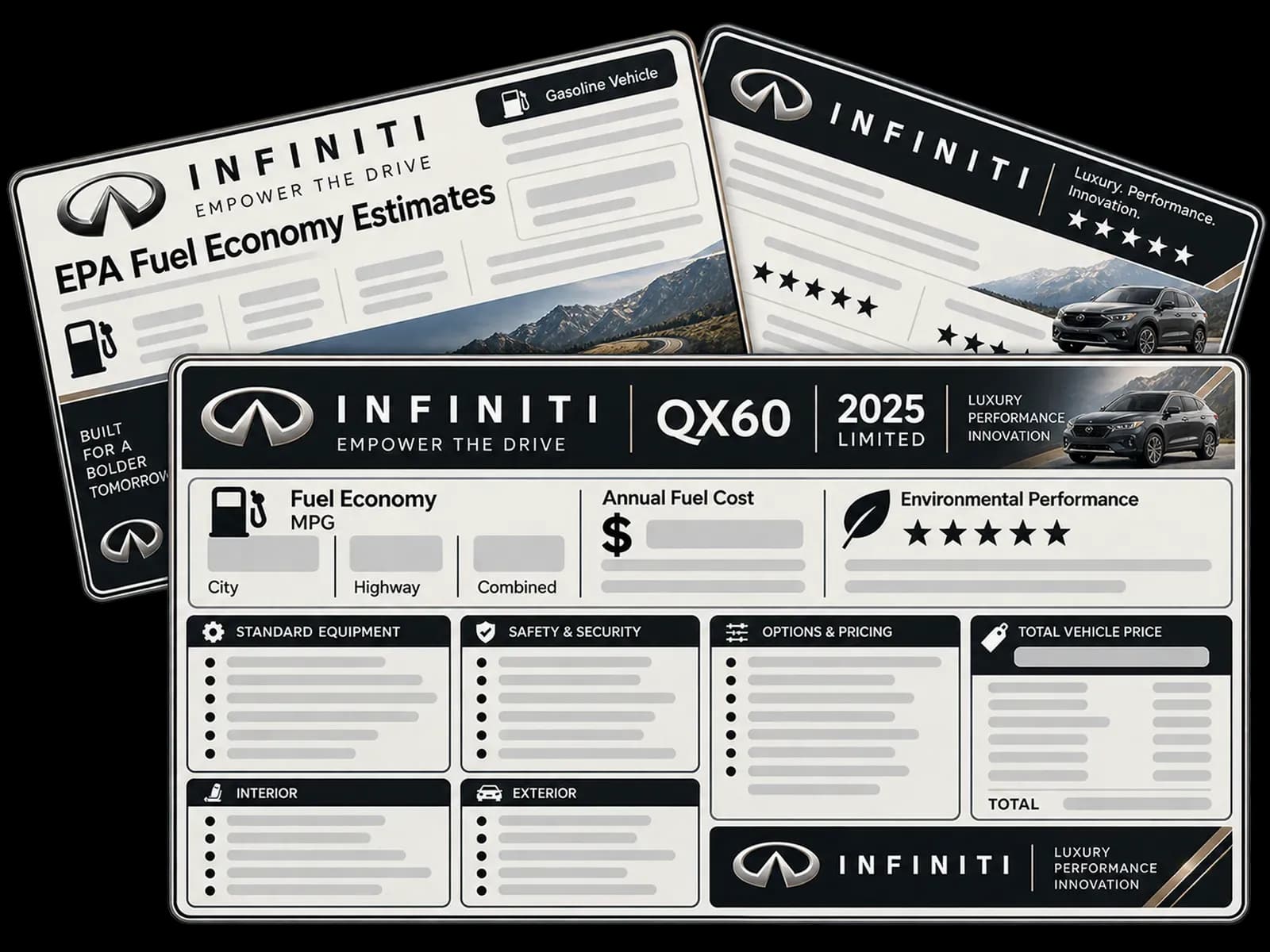 Infiniti window sticker sample showing EPA fuel economy, safety ratings and factory equipment